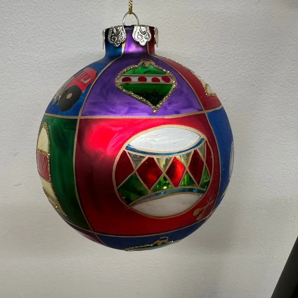 Hand Painted Glass Christmas‎ Patchwork Ornament Multi Color Glitter Train Bell